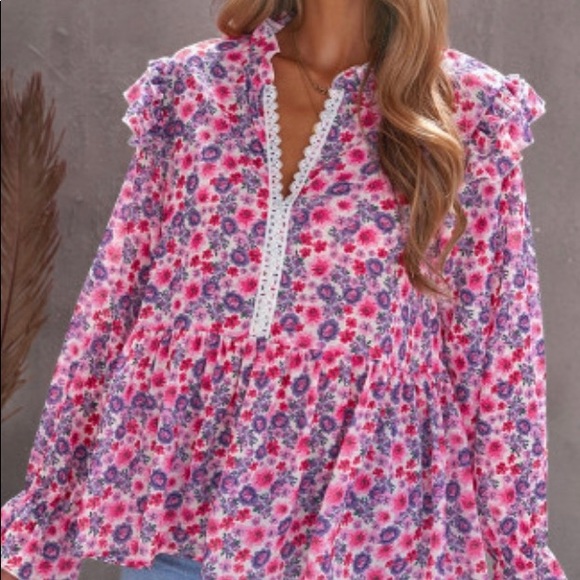 Rose Floral Pattern Peplum Blouse With Ruffles - Picture 4 of 15